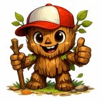 A wooden creature with a baseball hat