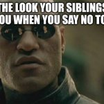 Matrix Morpheus | THE LOOK YOUR SIBLINGS GIVE YOU WHEN YOU SAY NO TO MOM | image tagged in memes,matrix morpheus | made w/ Imgflip meme maker