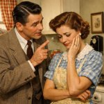 man gently scolding his wife