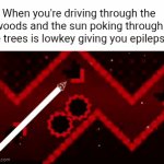 It pokes through the trees and flashes as you drive by... | When you're driving through the woods and the sun poking through the trees is lowkey giving you epilepsy: | image tagged in gifs,relatable,driving,sun,epilepsy,geometry dash | made w/ Imgflip video-to-gif maker