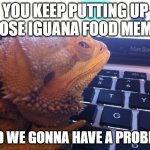 I guana smack you | YOU KEEP PUTTING UP THOSE IGUANA FOOD MEMES; AND WE GONNA HAVE A PROBLEM | image tagged in iguana coder,iguana,florida man,meanwhile in florida | made w/ Imgflip meme maker
