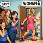 An obvious male in female clothing entering a women's restroom,