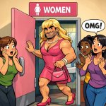A male dressed as female, in female washroom as females look on template
