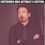 Face You Make Robert Downey Jr | WHEN YOU ARE CATFISHING SOMEONE BUT THEN YOU REALISE THE PERSON YOU ARE CATFISHING WAS ACTUALLY A CATFISH: | image tagged in memes,face you make robert downey jr | made w/ Imgflip meme maker
