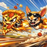 fliying pizza and a chiuahua angri fliying nex to like fast and