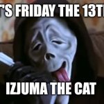 Happy Friday the 13th | IT'S FRIDAY THE 13TH; IZJUMA THE CAT | image tagged in ghostface scary movie,friday the 13th | made w/ Imgflip meme maker