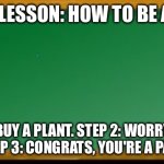 Old school chalk board | TODAY'S LESSON: HOW TO BE AN ADULT; STEP 1: BUY A PLANT. STEP 2: WORRY ABOUT IT 24/7. STEP 3: CONGRATS, YOU'RE A PARENT NOW | image tagged in old school chalk board | made w/ Imgflip meme maker