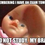 upvote this if you have done this before | ME REMEMBERING I HAVE AN EXAM TOMORROW; I DID NOT STUDY.  MY BRAIN: | image tagged in squashed doll head | made w/ Imgflip meme maker