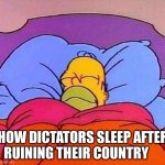 Homer Simpson sleeping peacefully | HOW DICTATORS SLEEP AFTER RUINING THEIR COUNTRY | image tagged in homer simpson sleeping peacefully | made w/ Imgflip meme maker