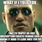 What if i told you | WHAT IF I TOLD YOU…; …THAT TV TROPES’ AD-FREE SUBSCRIPTION CREATES VENDOR LOCK-IN, MAKING IT HARD TO LEAVE ONCE YOU PAY? | image tagged in what if i told you,fan,fandom,wiki,meme,memes | made w/ Imgflip meme maker