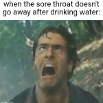 every freaking time | when the sore throat doesn't go away after drinking water: | image tagged in agony ash - evil dead,cold,screaming,memes,funny | made w/ Imgflip meme maker