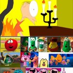 Toon Friends laughing at Matthew's clothes on fire | image tagged in toon friends laughing at what,deviantart,crossover,veggietales,the amazing world of gumball,nickelodeon | made w/ Imgflip meme maker