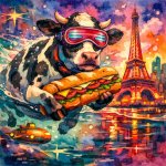 big cow swimming with a submarine sandwich and eiffel tower