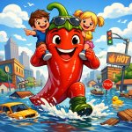 a big chilly with 2 childs on its shoulders over a flooded city