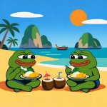 two pepe frog sitting on a beach in thailand eating coconut stic