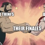 Bad endings | UMBRELLA 
ACADEMY; STRANGER THINFS; THEIR FINALES | image tagged in fmab strong men handshake | made w/ Imgflip meme maker