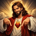 Jesus pointing down and smiling in a sigma manner