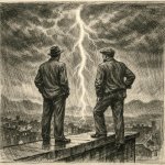 two men standing on the edge of a building