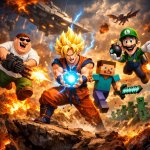 peter griffin, goku, minecraft steve, and luigi doing.. uh.. idk meme