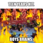 AAAAAAAAAAAAAAAAAAA!!!!!! | TEEN YEARS HIT. BOYS BRAINS. | image tagged in spongebob fire,teen years | made w/ Imgflip meme maker