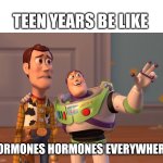X, X Everywhere Meme | TEEN YEARS BE LIKE; HORMONES HORMONES EVERYWHERE | image tagged in memes,x x everywhere | made w/ Imgflip meme maker