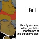 speaking 17th century english be like | i fell; i briefly succumbed to the gravitational momentum of this expansive biosphere | image tagged in memes,tuxedo winnie the pooh,english | made w/ Imgflip meme maker