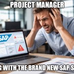 SAP help us | PROJECT MANAGER; FACING WITH THE BRAND NEW SAP SYSTEM | image tagged in sap frustration,project manager,prject management,sap,erp | made w/ Imgflip meme maker