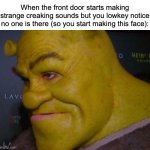 shrek cringe | When the front door starts making strange creaking sounds but you lowkey notice no one is there (so you start making this face): | image tagged in shrek cringe,memes,suspicious,relatable memes,so true memes | made w/ Imgflip meme maker