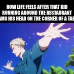cool | HOW LIFE FEELS AFTER THAT KID RUNNING AROUND THE RESTAURANT SLAMS HIS HEAD ON THE CORNER OF A TABLE: | image tagged in gifs,memes,funny,true story,relatable,anime | made w/ Imgflip video-to-gif maker