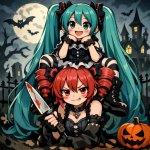 miku sitting on teto who has a knife