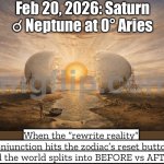 Saturn conjunct Neptune at 0° Aries: "New cycle unlocked. Old story wiped. Reality patch notes incoming." | Feb 20, 2026: Saturn ☌ Neptune at 0° Aries; When the “rewrite reality” conjunction hits the zodiac’s reset button and the world splits into BEFORE vs AFTER | image tagged in saturn conjunct neptune at 0 aries,2026,cycle,astrology,zodiac,prophecy | made w/ Imgflip meme maker