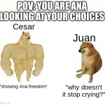dominicana meme | POV: YOU ARE ANA LOOKING AT YOUR CHOICES; Cesar; Juan; *showing Ana freedom*; "why doesn't it stop crying?" | image tagged in memes,buff doge vs cheems | made w/ Imgflip meme maker