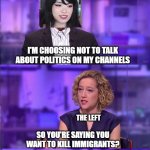 I love and hate the internet | THE EMIRU DRAMA: 
FOR PEOPLE WHO AREN'T CHRONICALLY ONLINE; I'M CHOOSING NOT TO TALK ABOUT POLITICS ON MY CHANNELS; THE LEFT; SO YOU'RE SAYING YOU WANT TO KILL IMMIGRANTS? | image tagged in so you're saying,emiru,hey internet,memes,current events,social media | made w/ Imgflip meme maker