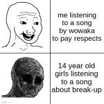 first time using this template sorry if I used it wrong | me listening to a song by wowaka to pay respects; 14 year old girls listening to a song about break-up | image tagged in happy wojak vs depressed wojak,wowaka,rip,one more time right | made w/ Imgflip meme maker