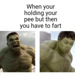 Hulk angry then realizes he's wrong | When your holding your pee but then you have to fart | image tagged in memes,relatable,funny,dank memes,marvel,so true memes | made w/ Imgflip meme maker