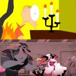 Blitzo, Verosika, and Vortex laugh at matthew's clothes on fire?!?! | image tagged in who laughs at matthew's clothes on fire,deviantart,crossover,hazbin hotel,helluva boss | made w/ Imgflip meme maker
