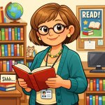 School librarian holding a book