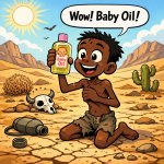 Black kid very thin in deserted desert finding baby oil