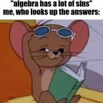 Jerry Mouse | "algebra has a lot of sins"
me, who looks up the answers: | image tagged in jerry mouse | made w/ Imgflip meme maker