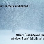 Watching "Odd Couple" Reruns | Felix : Is there a blizzard ? Oscar : (Looking out the window) I can't tell , it's all white | image tagged in blizzard,new york,today's weather,nowhere to go,tv show,back in the day | made w/ Imgflip meme maker