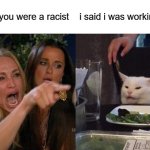 Woman Yelling At Cat | you said you were a racist; i said i was working home | image tagged in memes,woman yelling at cat | made w/ Imgflip meme maker