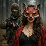 hunter behind a woman with a fox mask