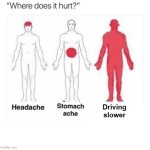 driving slower hurts | Driving slower | image tagged in where does it hurt | made w/ Imgflip meme maker