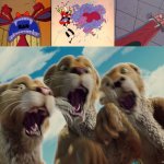 Ickis, Oblina, and Krumm Scare the lionesses | image tagged in ickis oblina and krumm scare who,deviantart,crossover,disney,nickelodeon,paramount | made w/ Imgflip meme maker