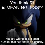 sonic pointing at you | You think 67 is MEANINGLESS!? You are wrong. It is a good number that has shaped humanity. | image tagged in sonic pointing at you | made w/ Imgflip meme maker