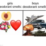 complete opposites | girls deodorant smells:; boys deodorant smells: | image tagged in comparison table,boys vs girls,smells,deodorant | made w/ Imgflip meme maker