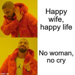 Drake Hotline Bling | Happy wife, happy life; No woman, no cry | image tagged in memes,drake hotline bling,life,dating,relationship advice,single life | made w/ Imgflip meme maker