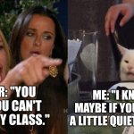 Roasted | ME: "I KNOW. BUT MAYBE IF YOU WERE JUST A LITTLE QUIETER, I COULD."; TEACHER: "YOU KNOW YOU CAN'T SLEEP IN MY CLASS." | image tagged in cat screaming at the cat,school,comeback jokes,slay,random,roast the teacher | made w/ Imgflip meme maker