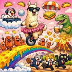 A giant llama wearing sunglasses and a tutu, riding a unicycle o