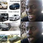 Stellantis Vs Ford. Literally | Ford focus      Ford escape; Jeep Wrangler     Dodge Challenger | image tagged in good then bad | made w/ Imgflip meme maker